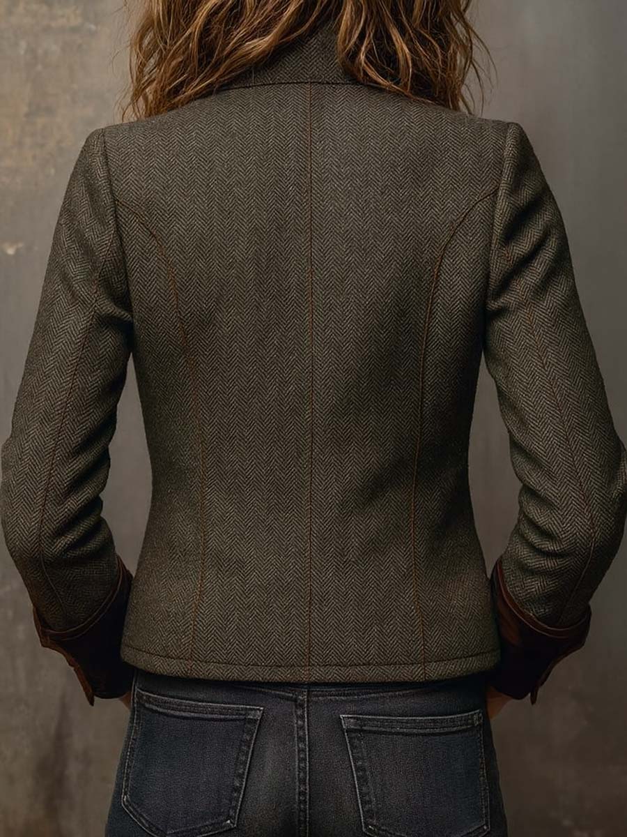 Marguerite | Vintage Herringbone Contrast Trim Blazer