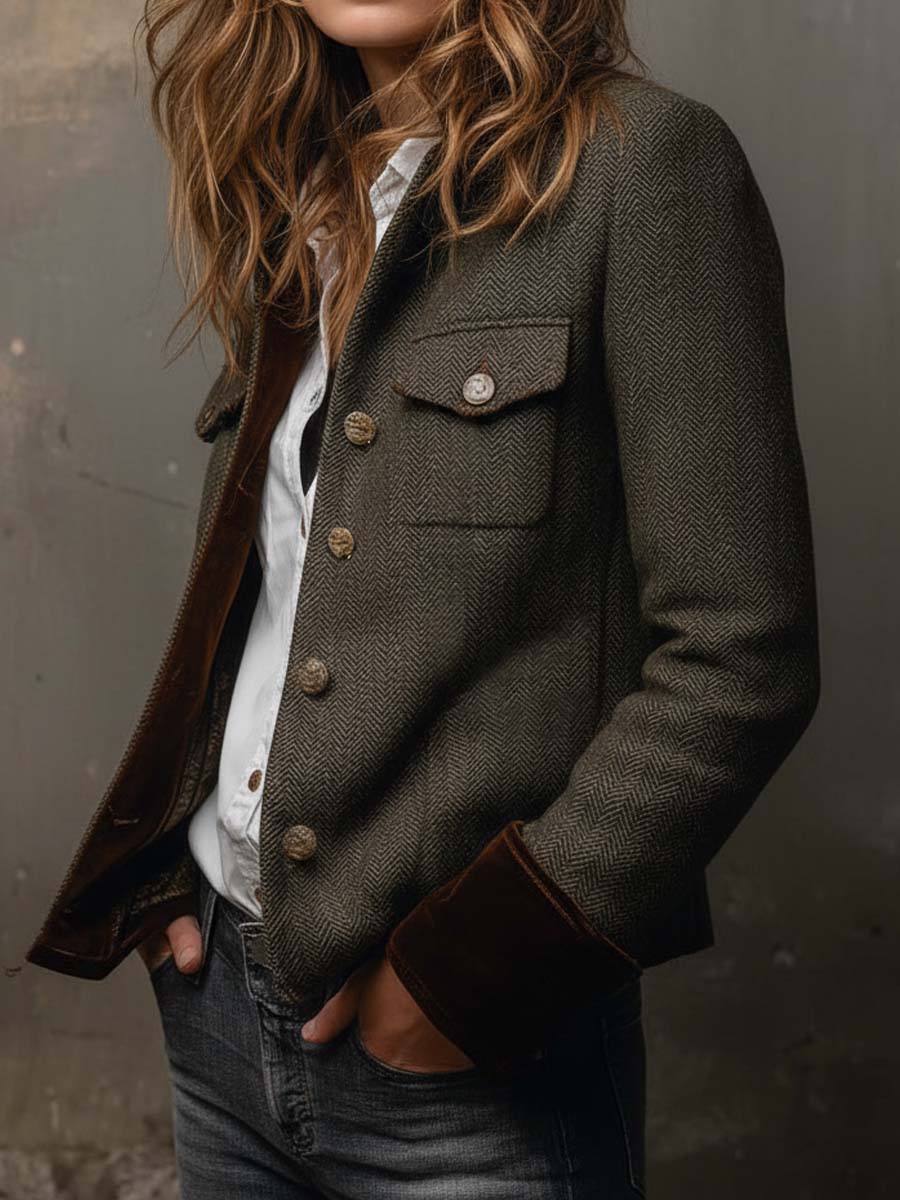 Marguerite | Vintage Herringbone Contrast Trim Blazer