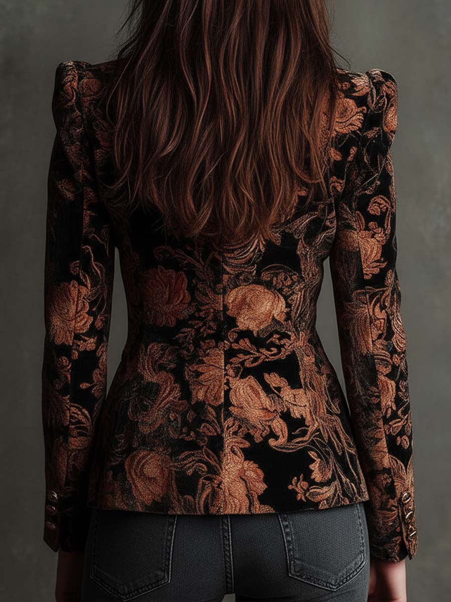 Beatrix | Black and Bronze Floral Print Tailored Blazer