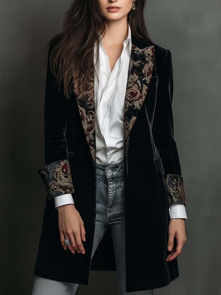 Zara | Black Baroque Print Lapel Slim Fit Blazer