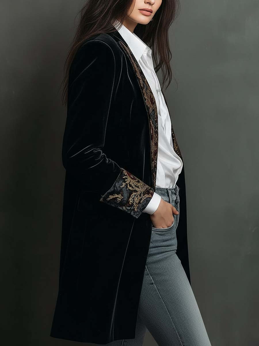 Zara | Black Baroque Print Lapel Slim Fit Blazer