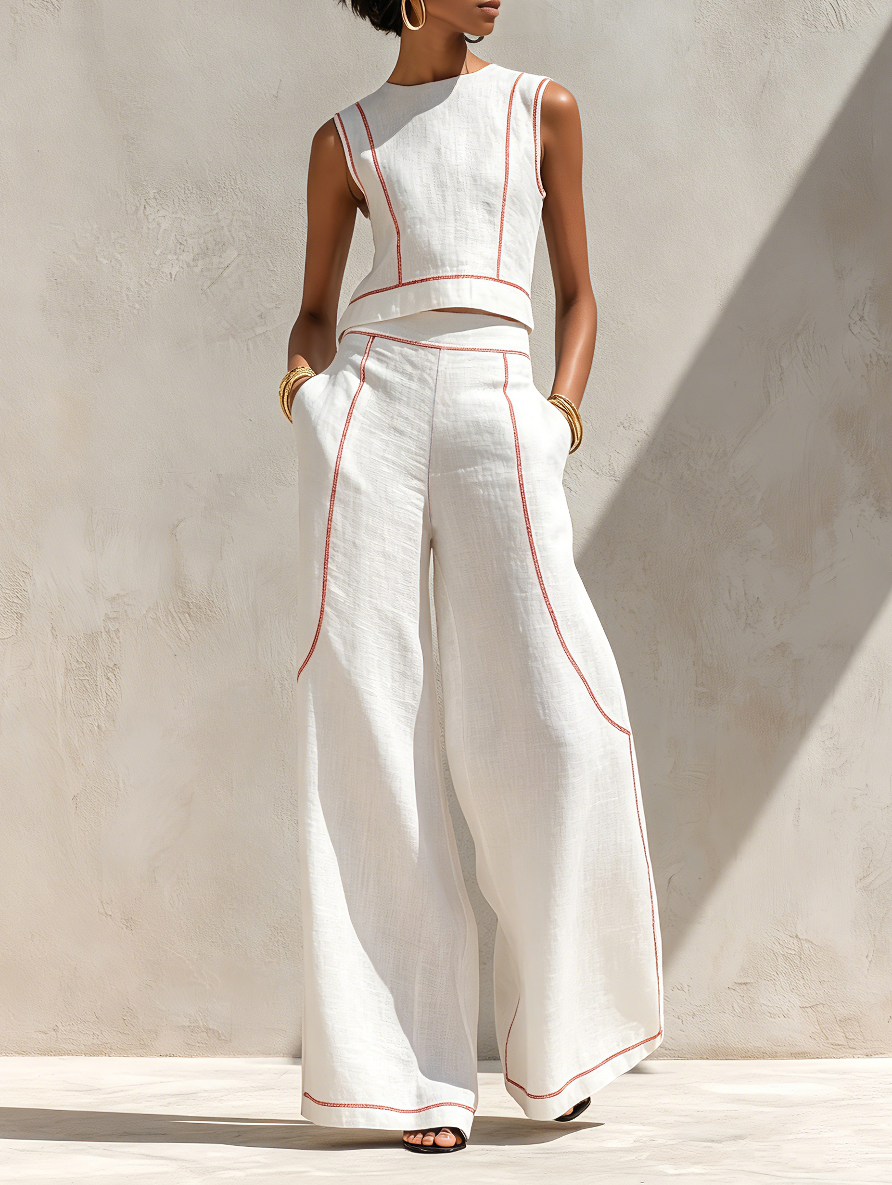 Cotton-Blend Contrast-Stitched Pants Set