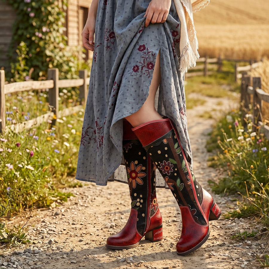 Bohemian Leather Block Heel Long Boots Exotic Pattern