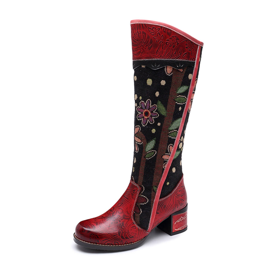 Bohemian Leather Block Heel Long Boots Exotic Pattern