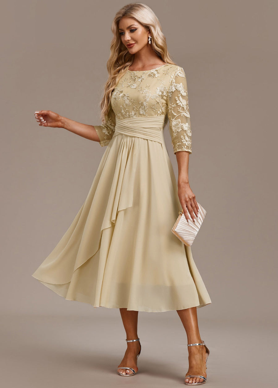 Karla | Champagne FLoral 3/4 Sleeve Round Neck Dress