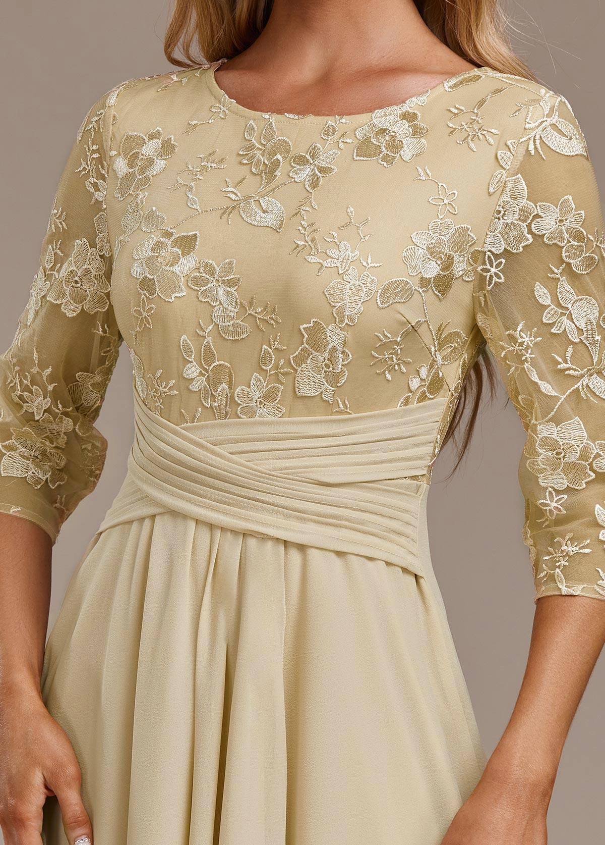 Karla | Champagne FLoral 3/4 Sleeve Round Neck Dress