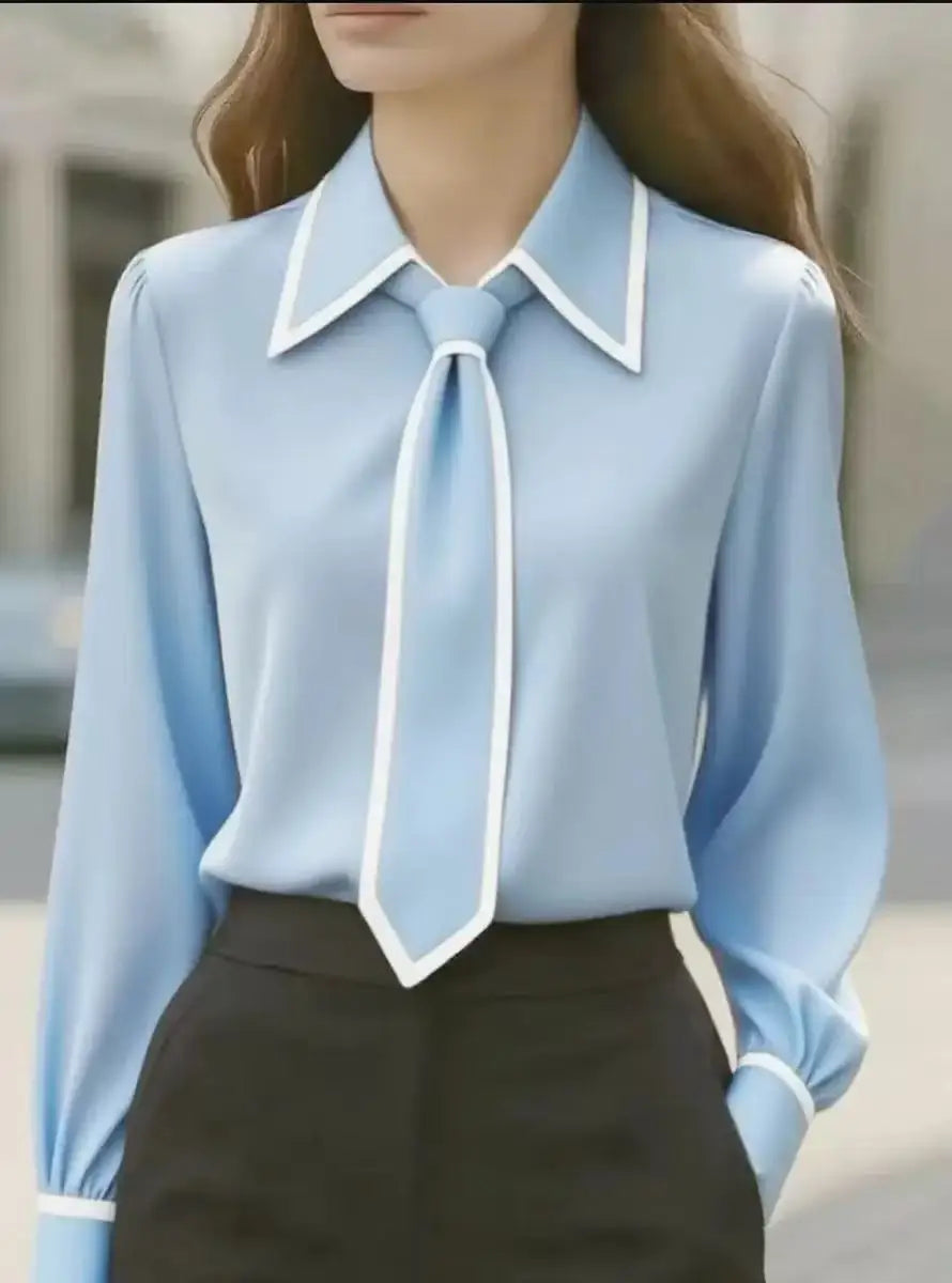Vivian | Women's Long Sleeve Tie Neck Blouse Contrast Collar