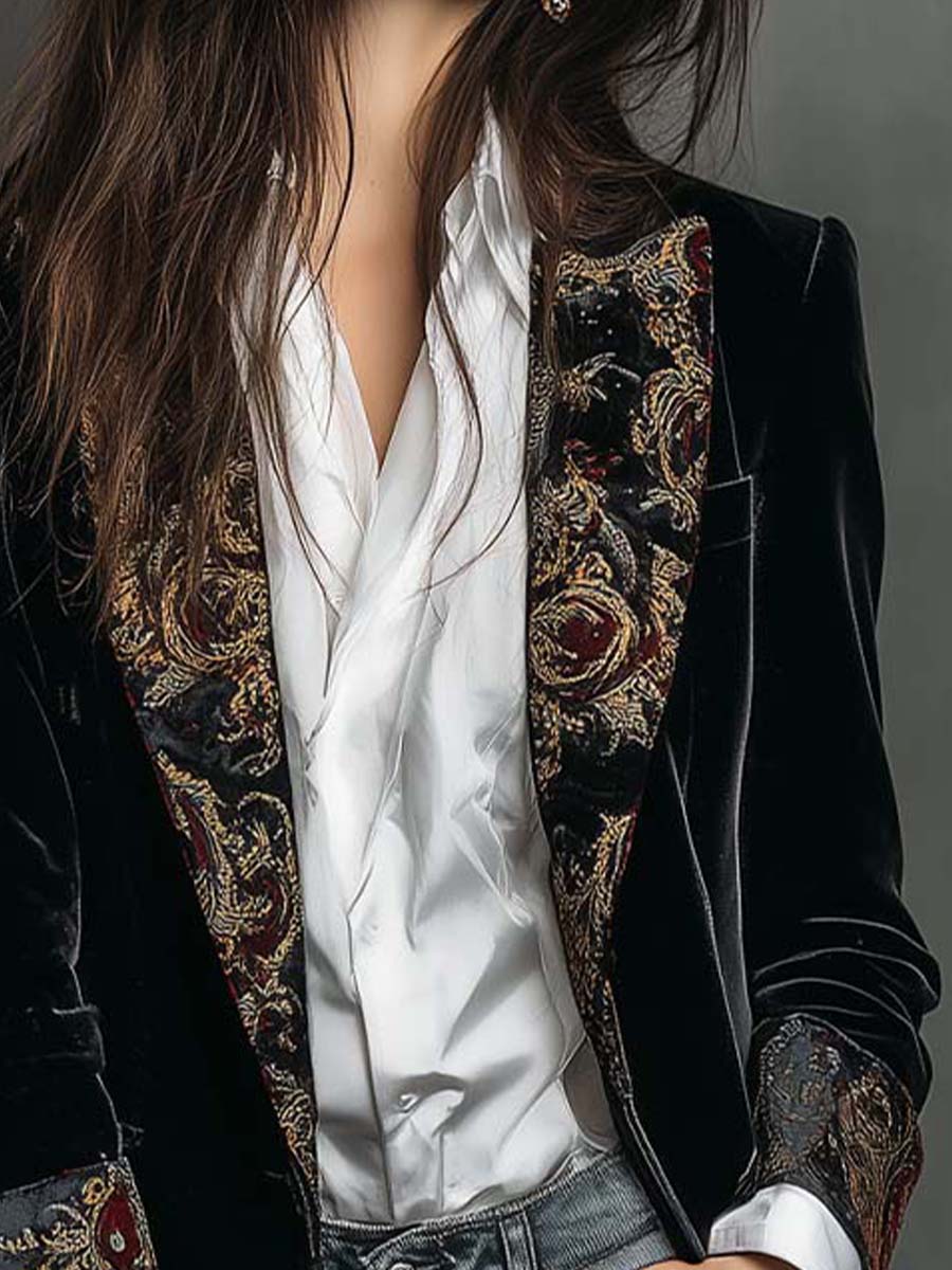 Zara | Black Baroque Print Lapel Slim Fit Blazer