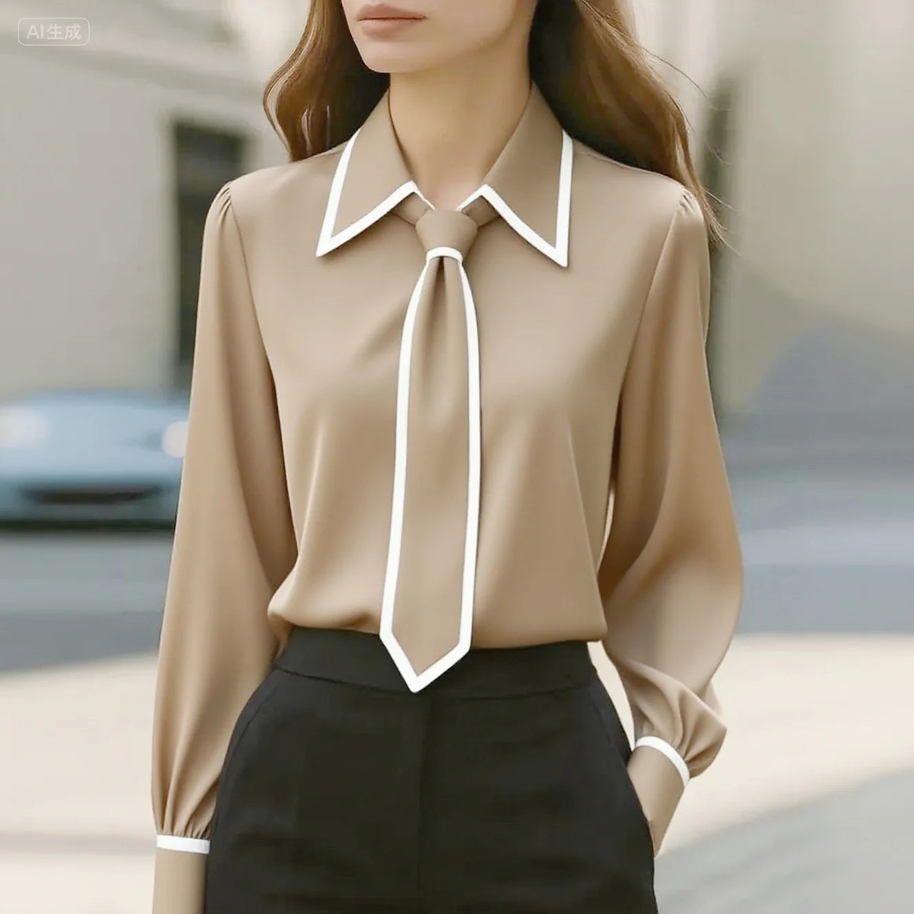 Vivian | Women's Long Sleeve Tie Neck Blouse Contrast Collar
