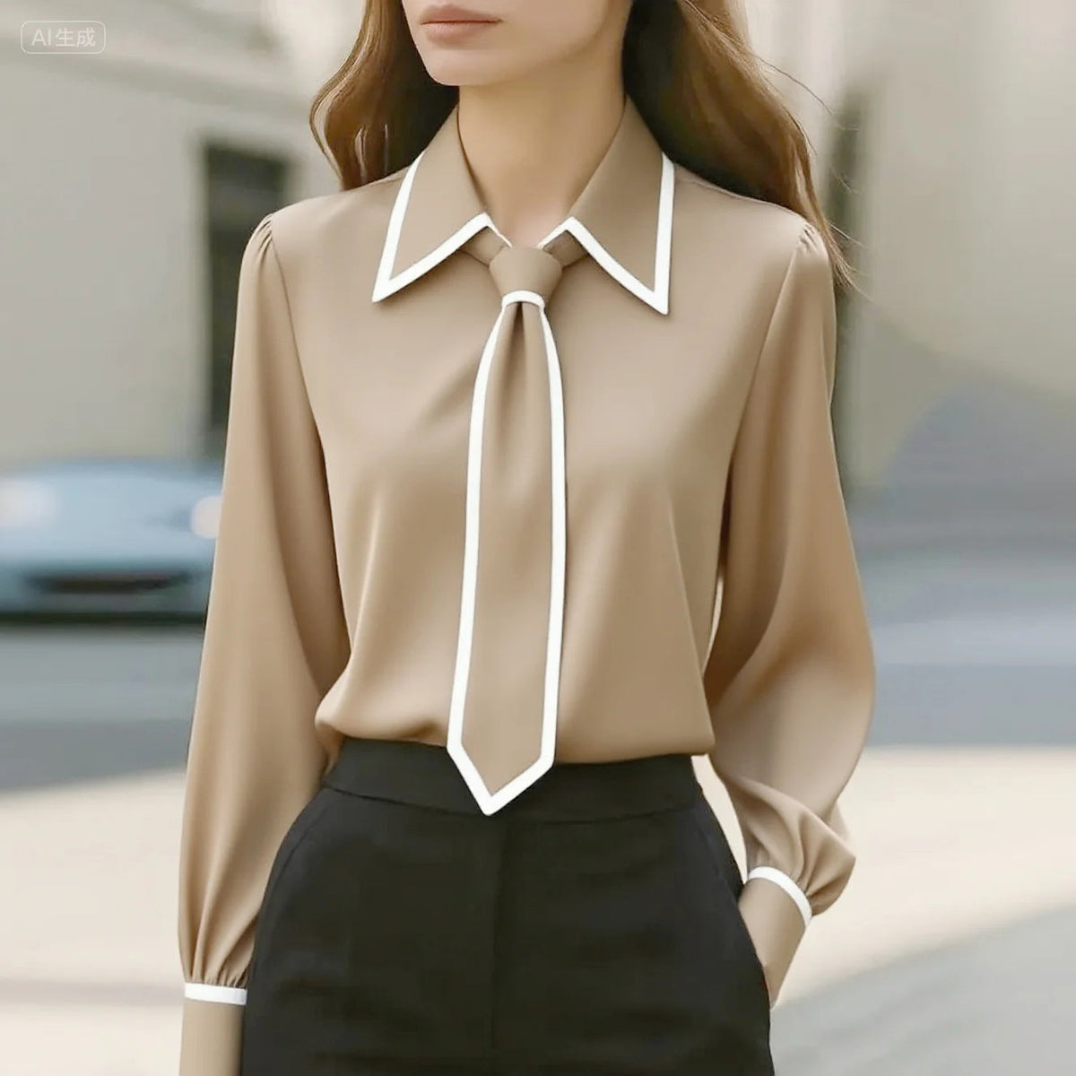 Vivian | Women's Long Sleeve Tie Neck Blouse Contrast Collar