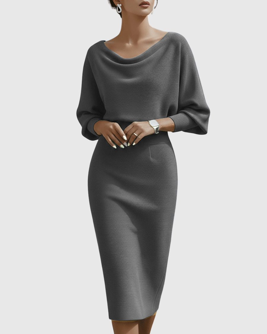 Vivienne | Women's Cowl Neck Batwing Sleeve Ribbed Midi Dress
