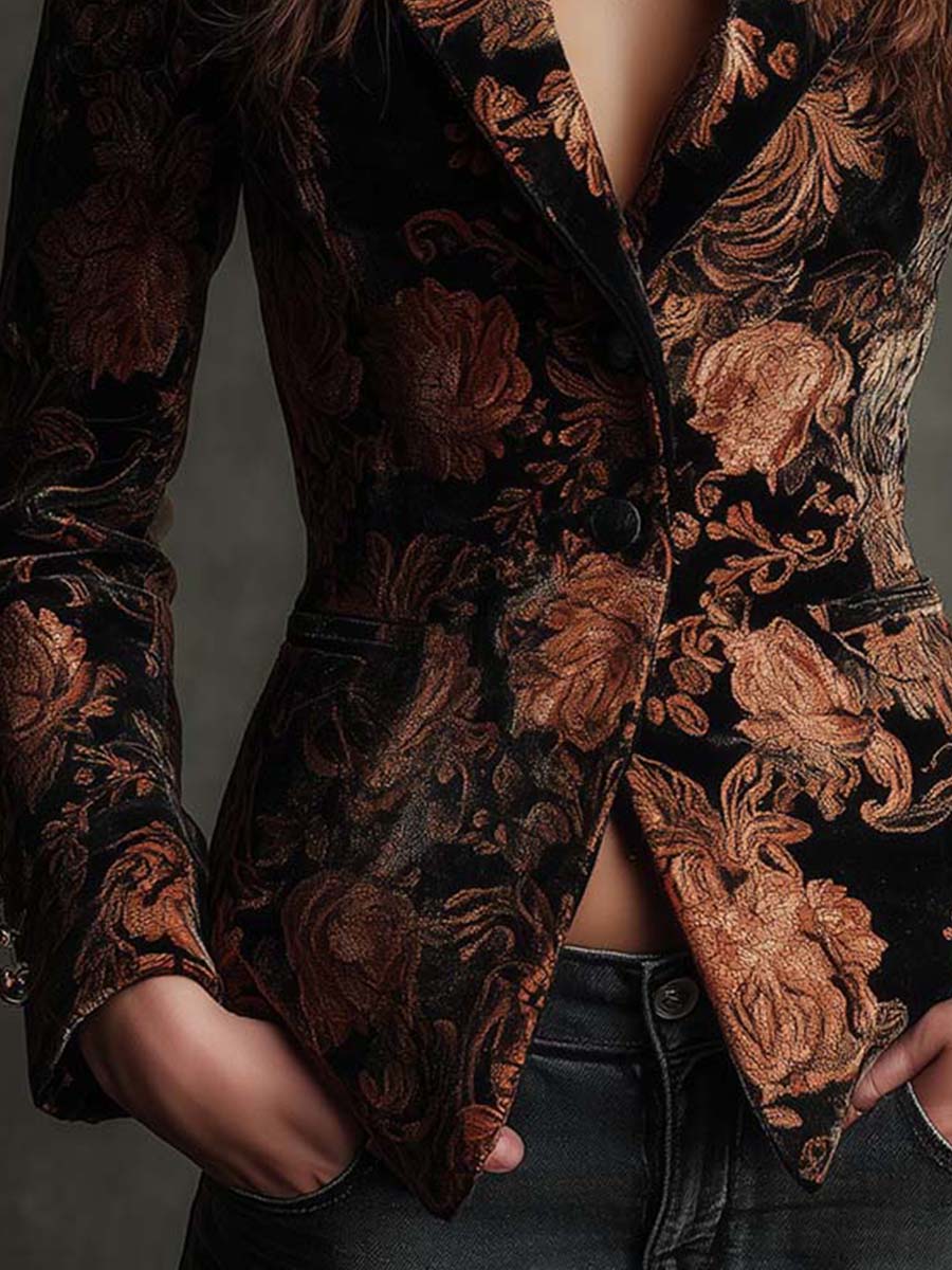 Beatrix | Black and Bronze Floral Print Tailored Blazer
