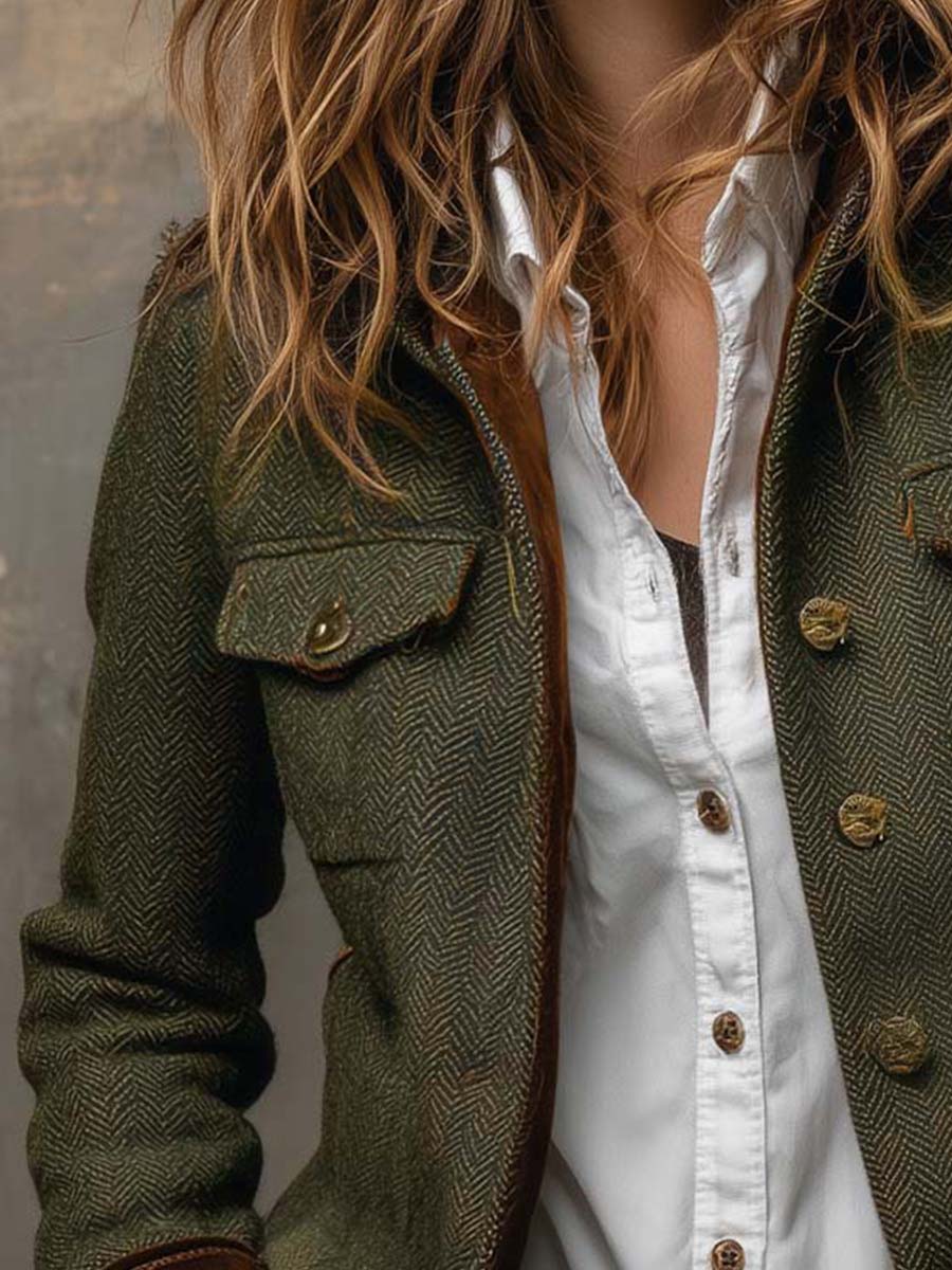 Marguerite | Vintage Herringbone Contrast Trim Blazer
