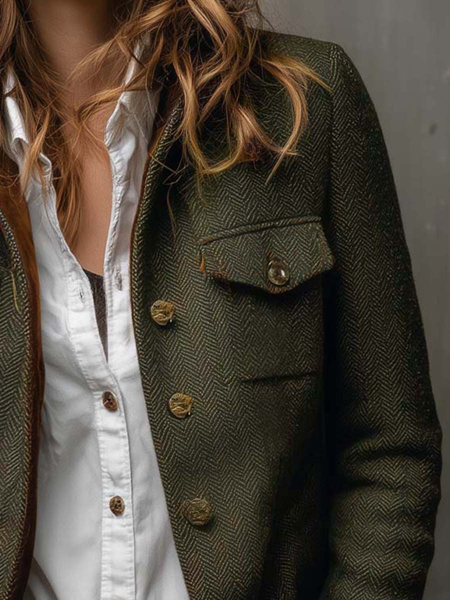 Marguerite | Vintage Herringbone Contrast Trim Blazer