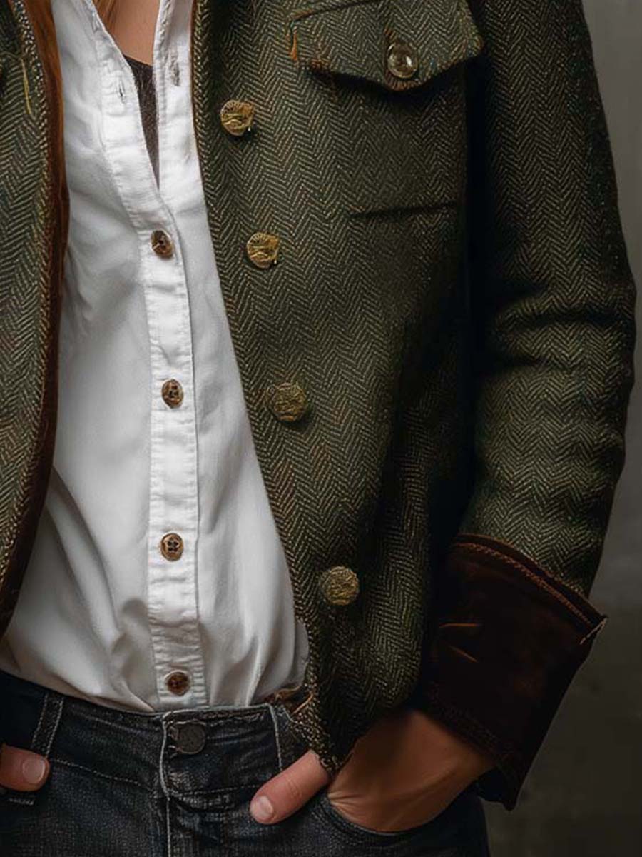 Marguerite | Vintage Herringbone Contrast Trim Blazer