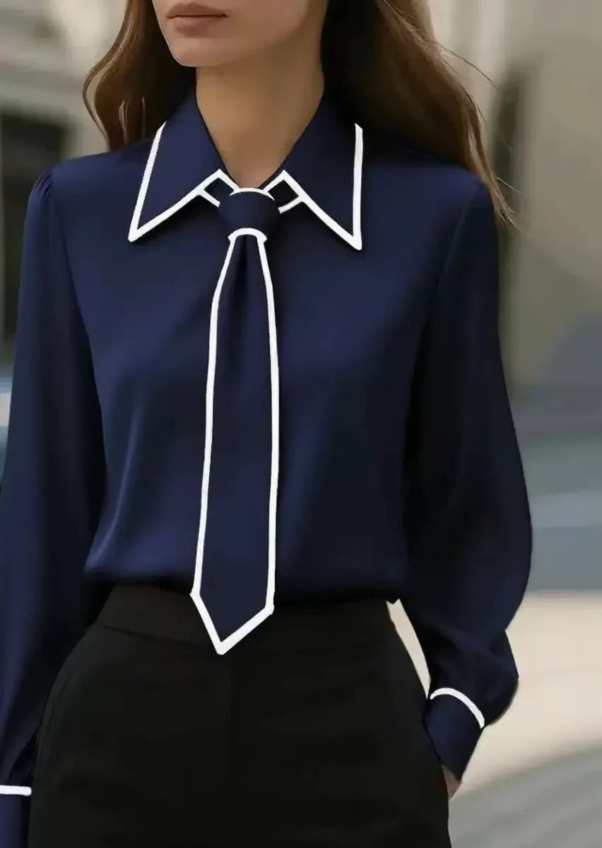 Vivian | Women's Long Sleeve Tie Neck Blouse Contrast Collar