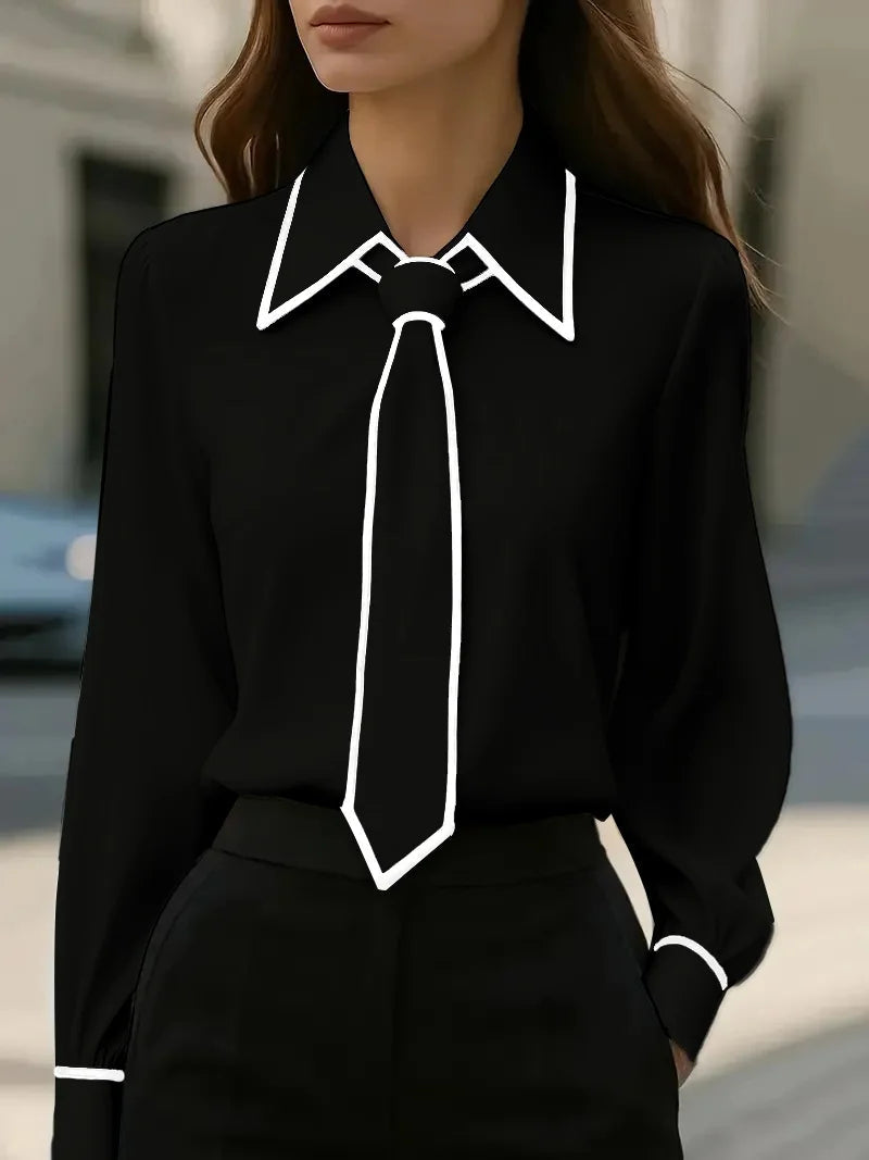 Vivian | Women's Long Sleeve Tie Neck Blouse Contrast Collar