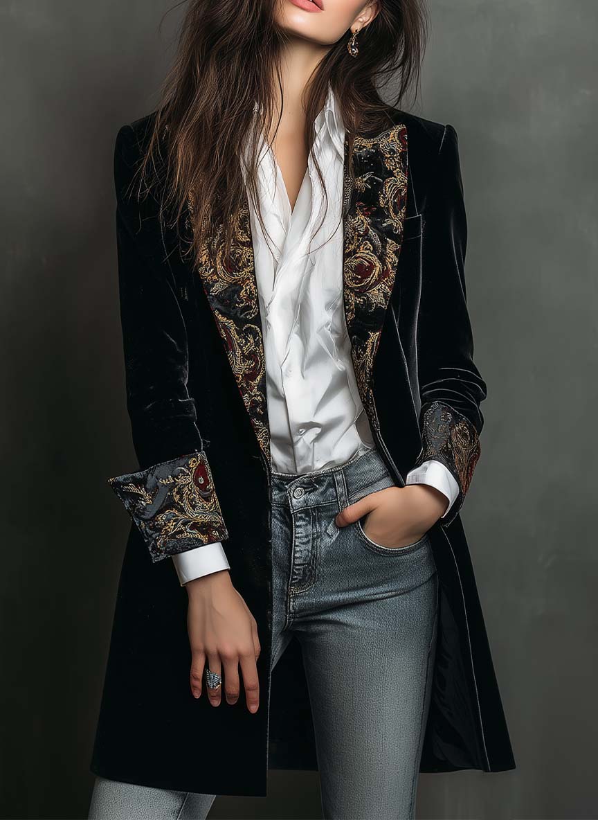 Zara | Black Baroque Print Lapel Slim Fit Blazer