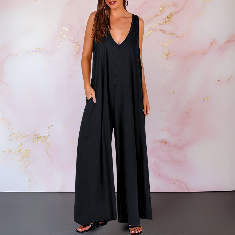 Onyx | Women's V-Neck Sleeveless Wide Leg Jumpsuit with Pockets