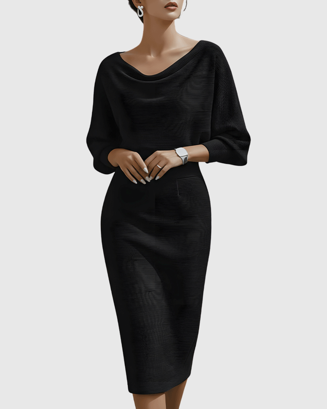 Vivienne | Women's Cowl Neck Batwing Sleeve Ribbed Midi Dress