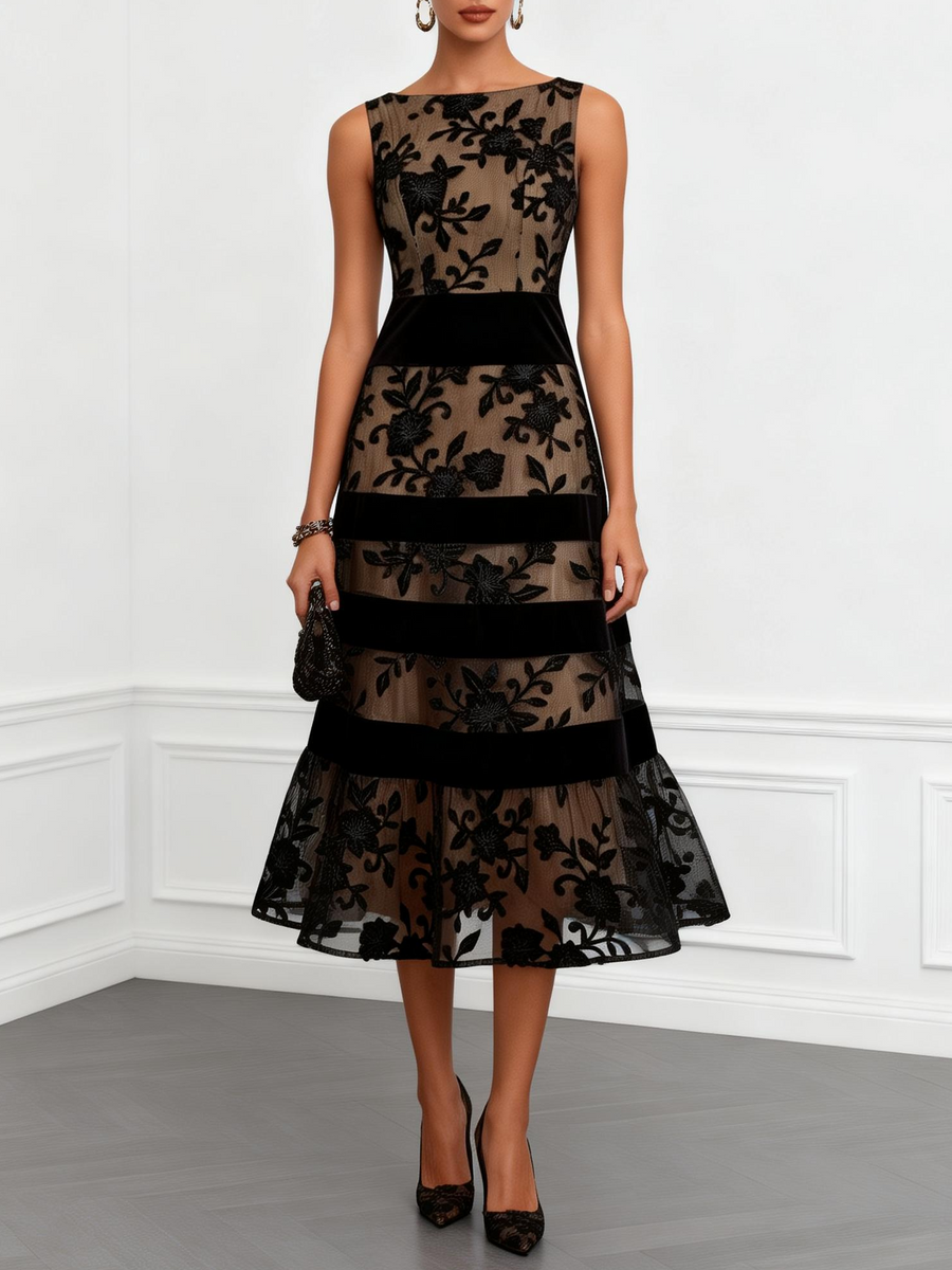 Black Floral Mesh Sleeveless A-Line Midi Dress