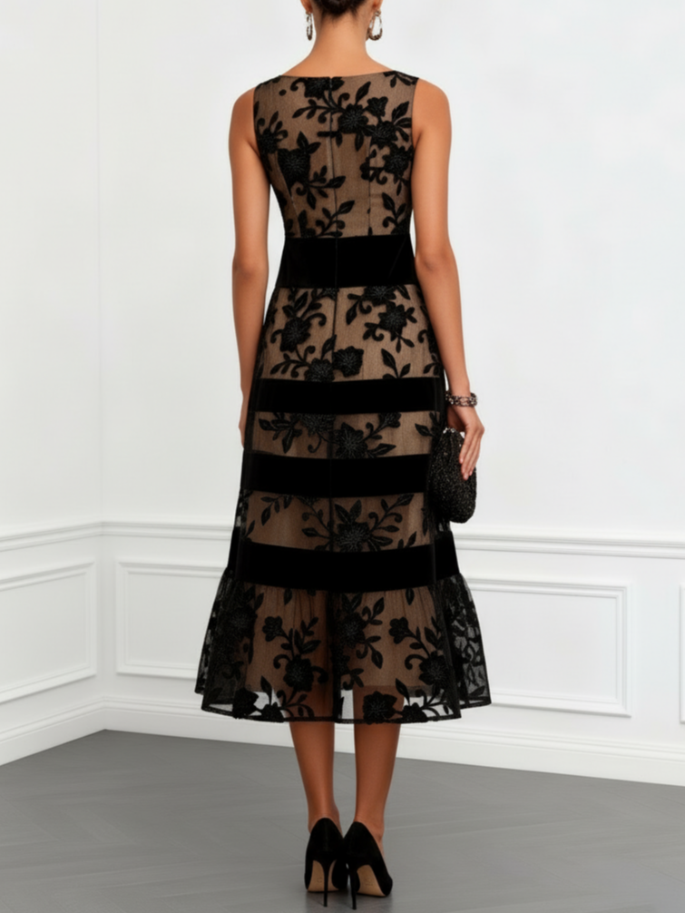Black Floral Mesh Sleeveless A-Line Midi Dress