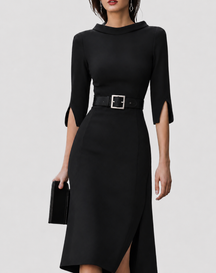 Naomi | Women's Belted Mock Neck Midi Dress with Split Sleeves