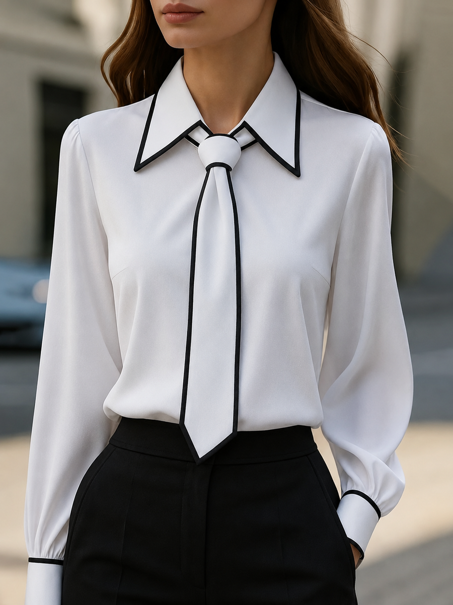 Vivian | Women's Long Sleeve Tie Neck Blouse Contrast Collar