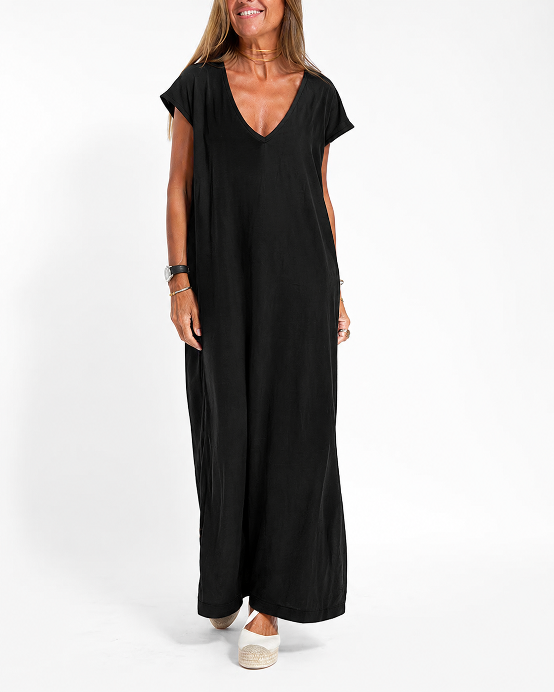Coral | Women's V-Neck Short Sleeve Side Slit Maxi Dress