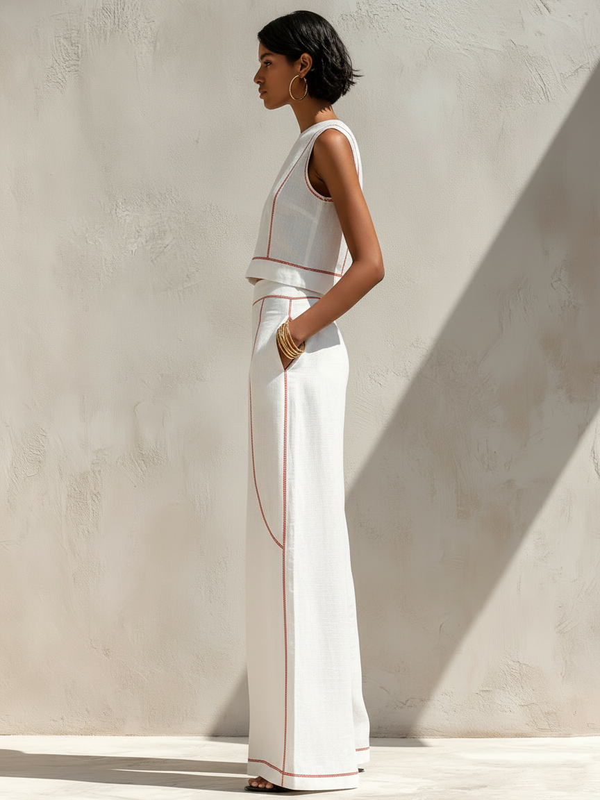 Cotton-Blend Contrast-Stitched Pants Set
