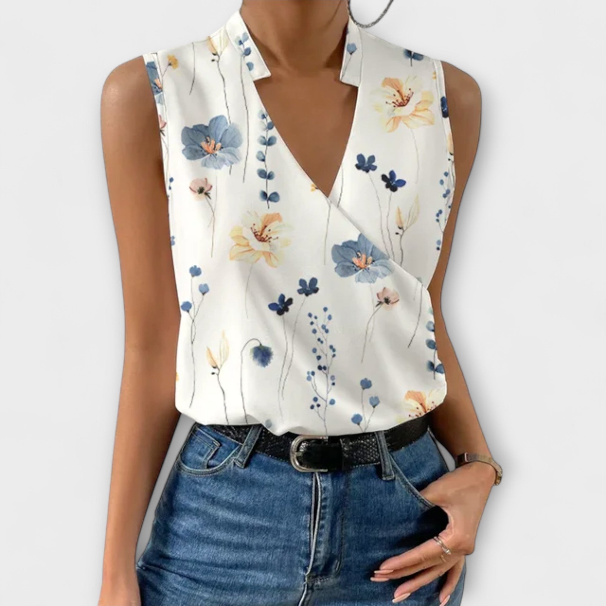 Nina | Women's Sleeveless Wrap V-Neck Top Collared Blouse
