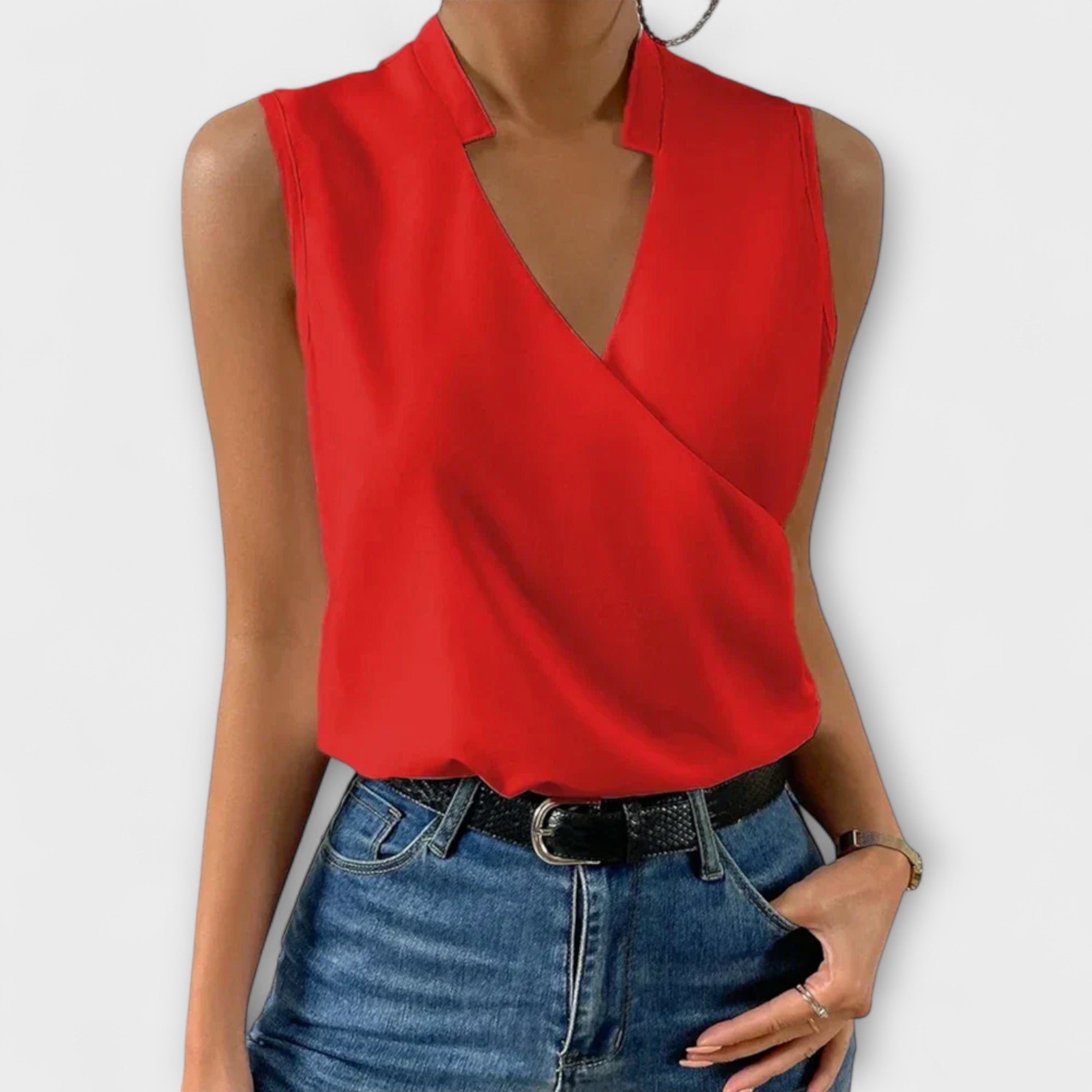Nina | Women's Sleeveless Wrap V-Neck Top Collared Blouse