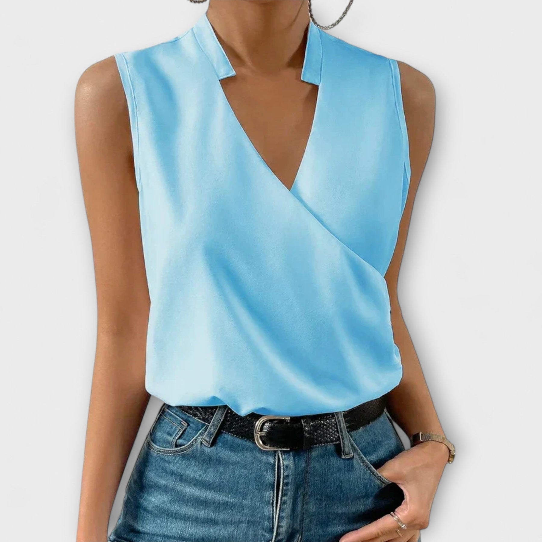 Nina | Women's Sleeveless Wrap V-Neck Top Collared Blouse