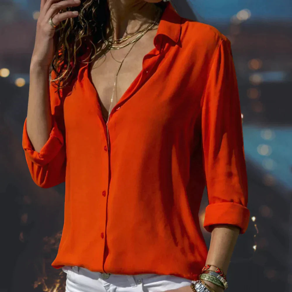 Stella | Women's Satin Button Down Shirt Long Sleeve Blouse
