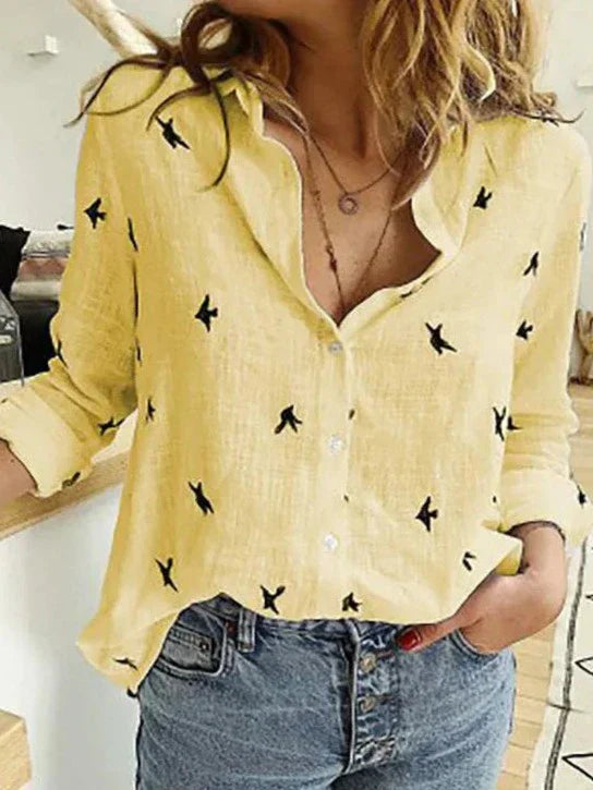 Avery | Women's Button-Down Shirt Long Sleeve Bird Print Blouse