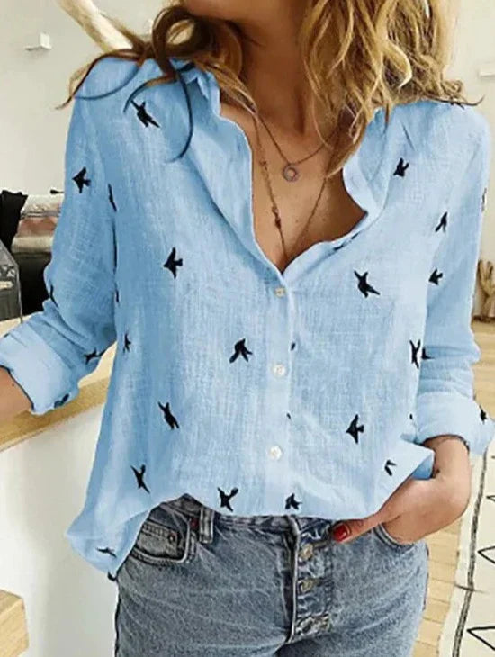 Avery | Women's Button-Down Shirt Long Sleeve Bird Print Blouse
