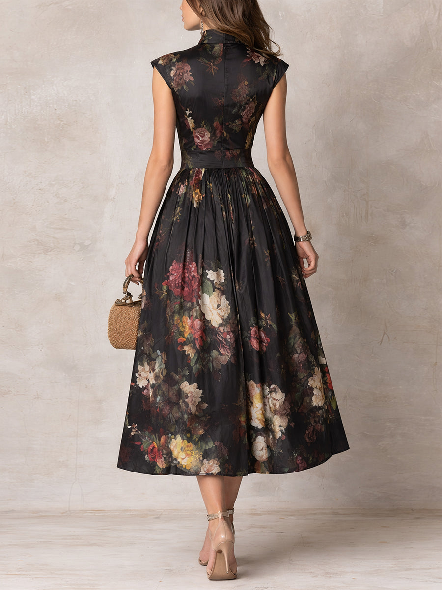 Black Pleated Satin Midi Dress with Keyhole Neckline