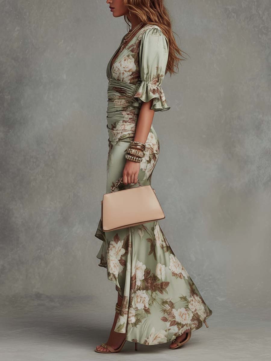 Asymmetrical Maxi Dress in Green Satin with Ruffle Bell Sleeves and V-Neck