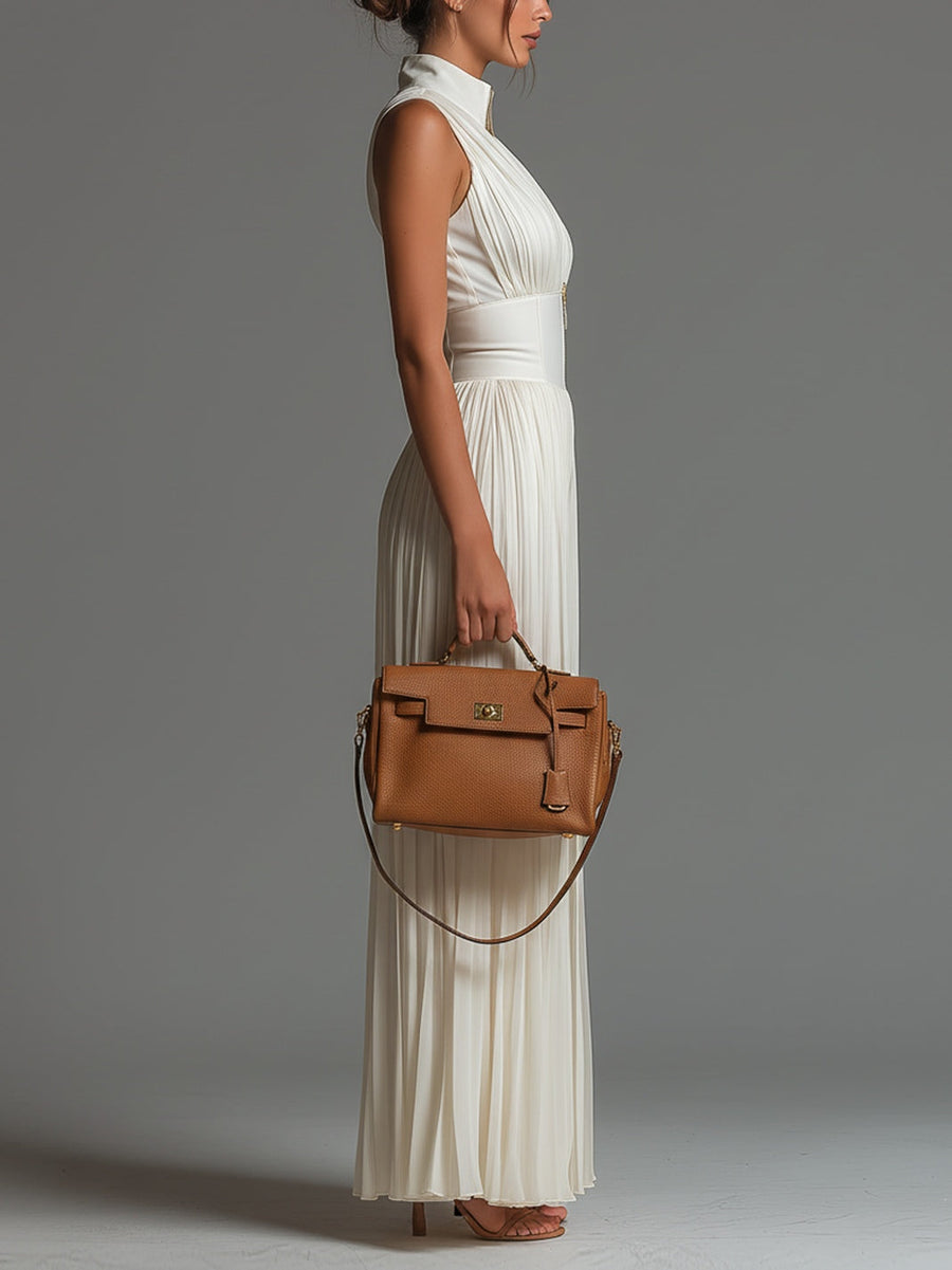 White Chiffon Sleeveless Jumpsuit with Zip and Wide Leg Pleats