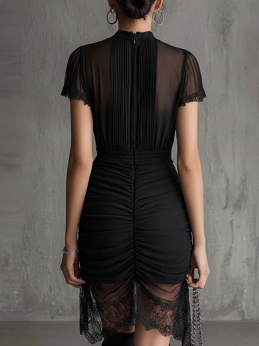 Black Chiffon Mini Dress with Pleated Waist and Lace Trim