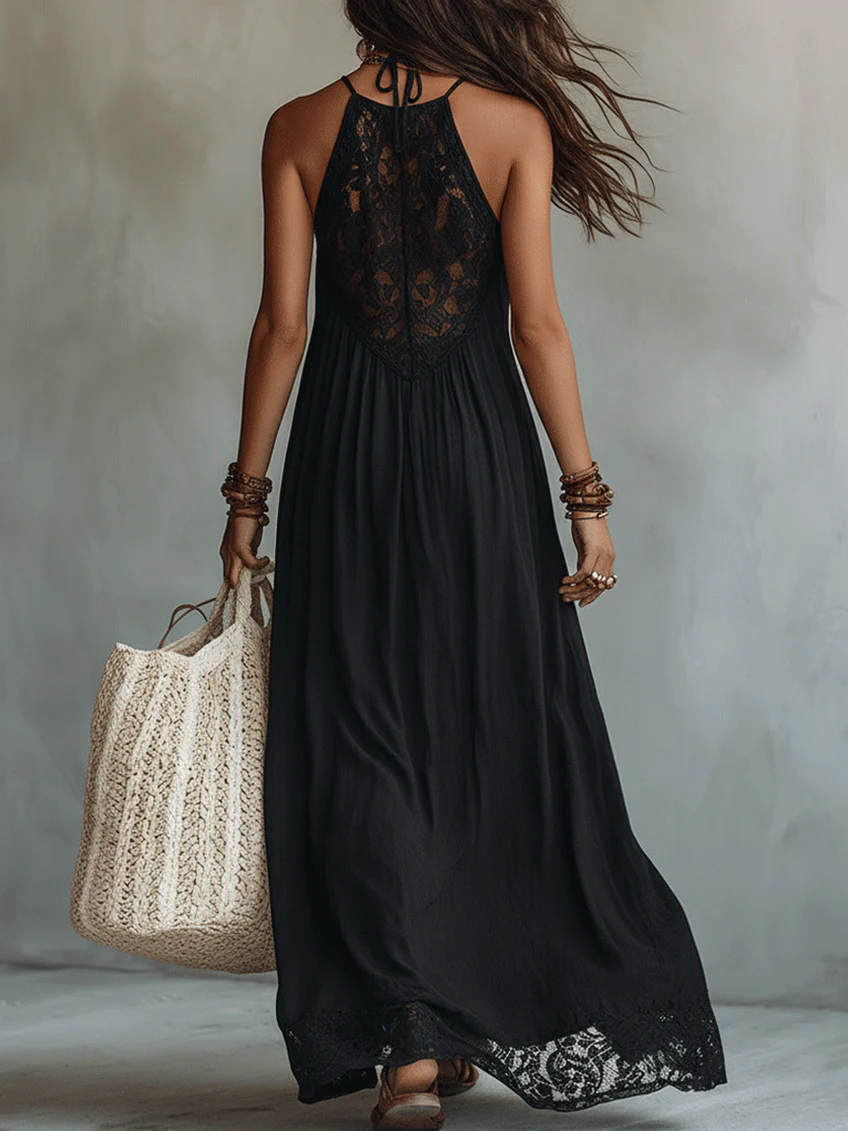 Black Sleeveless Maxi Dress with Bohemian Lace