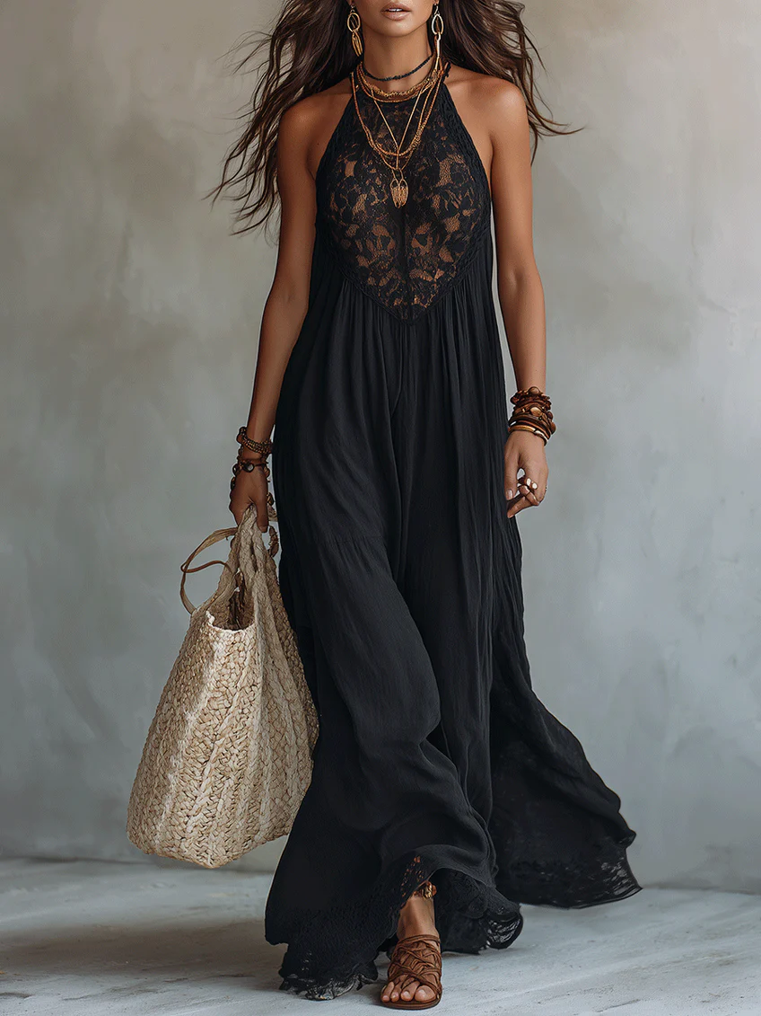 Black Sleeveless Maxi Dress with Bohemian Lace