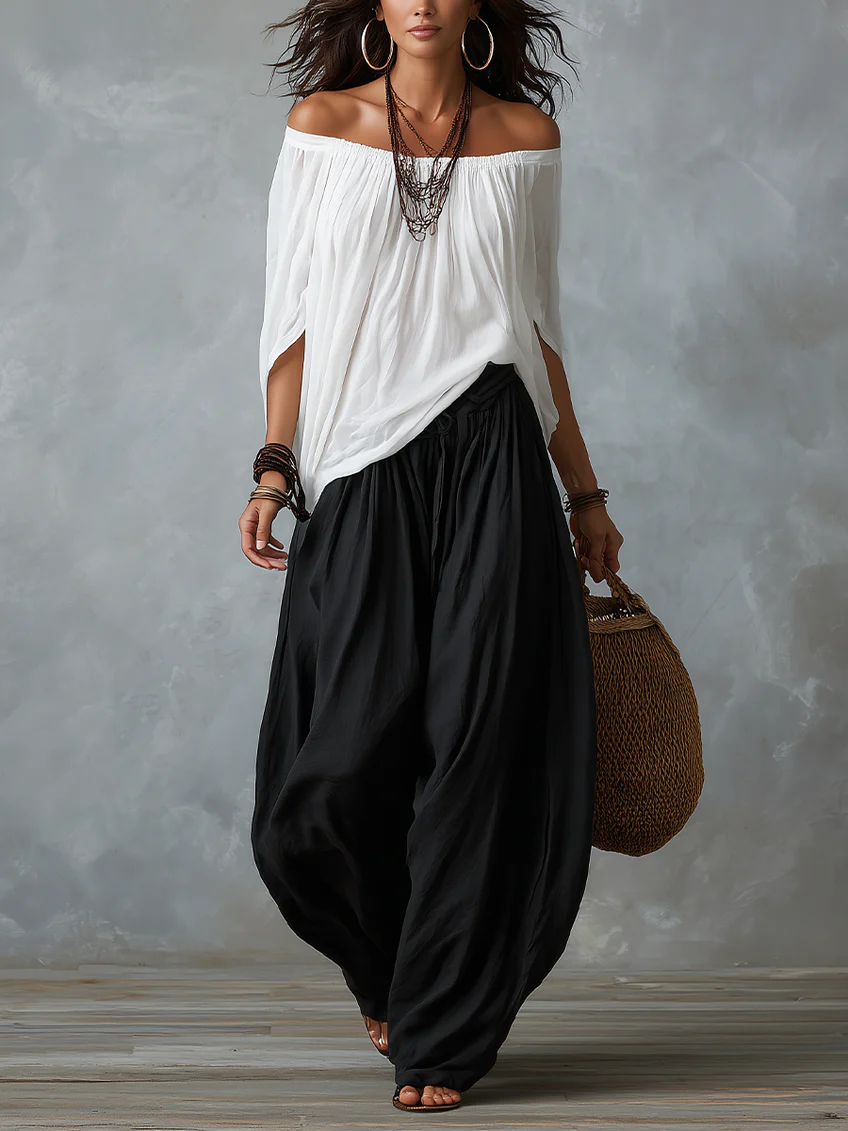 White Off-the-Shoulder Top and Wide Lantern Pants Set