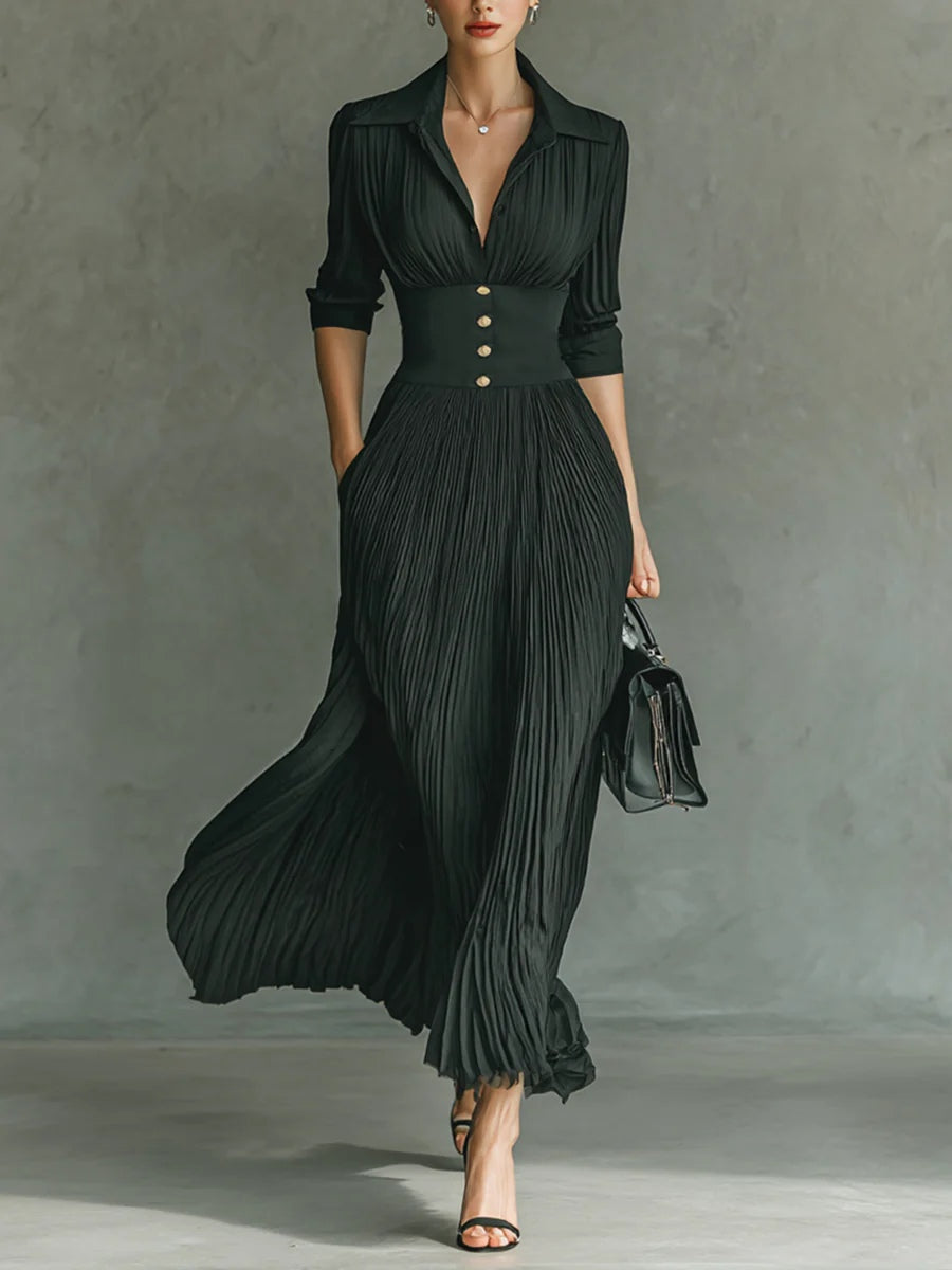 Lindsay | Elegant Pleated Lapel Waist Maxi Dress