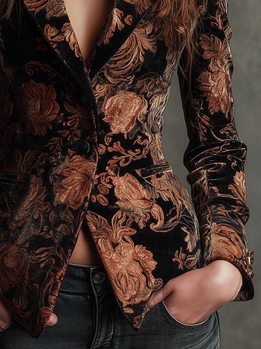 Beatrix | Black and Bronze Floral Print Tailored Blazer