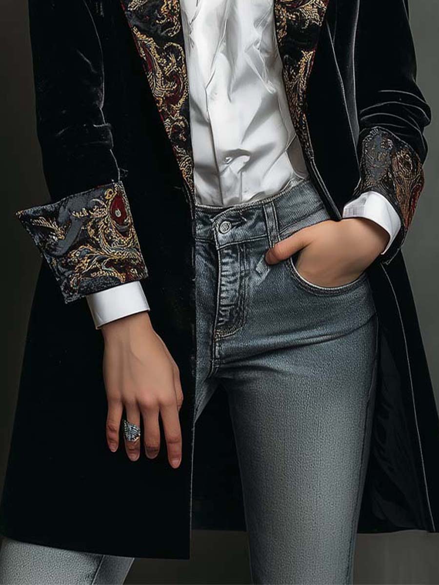 Zara | Black Baroque Print Lapel Slim Fit Blazer