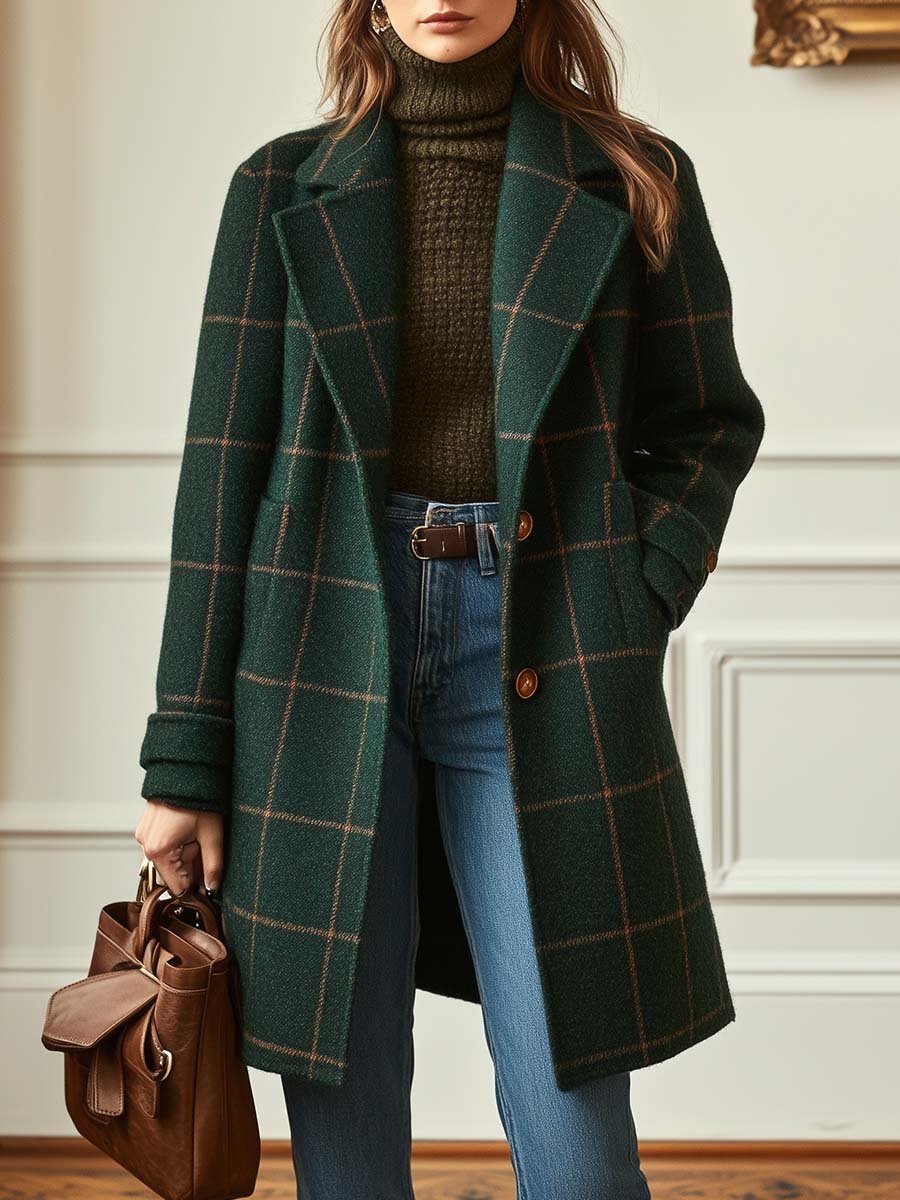 Jennifer | Retro Tweed Check Coat with Lapel Collar