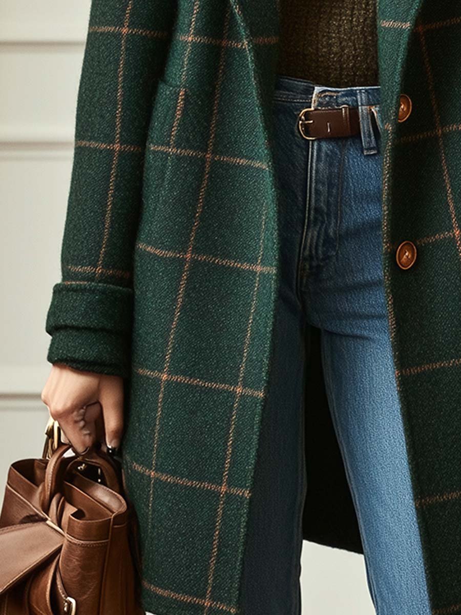 Jennifer | Retro Tweed Check Coat with Lapel Collar