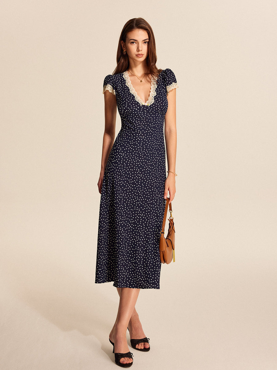 Colette | Women's Polka Dot Lace Trim V-Neck Cap Sleeve Midi Dress